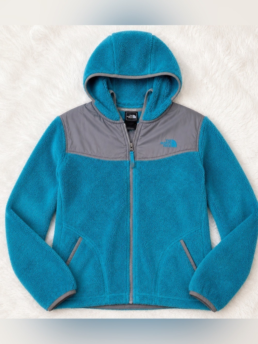 The North Face Girls Large Blue Gray Sherpa Fleece Hooded Jacket